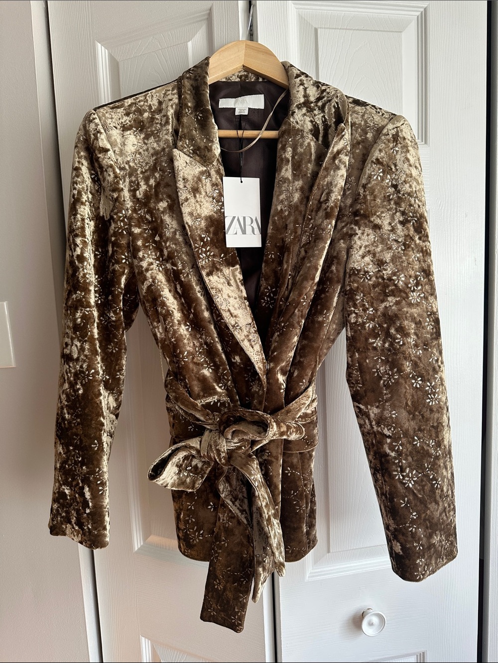 Zara Gold Crushed Velvet Belted Blazer